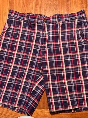 Brooks Brothers 346 Bermuda Shorts Mens Size 36 Blue Red Plaid Chino Flat Front
